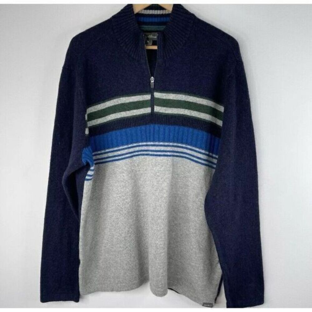 Eddie Bauer Mens 1/4 Zip Sweater Wool Blend Pullover Striped L Preppy Heritage